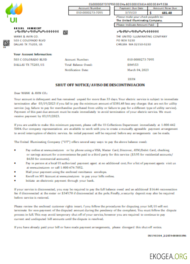 Massachusetts Chelsea SCG The United Illuminating Company a fermé son avis de facture commerciale, SCR